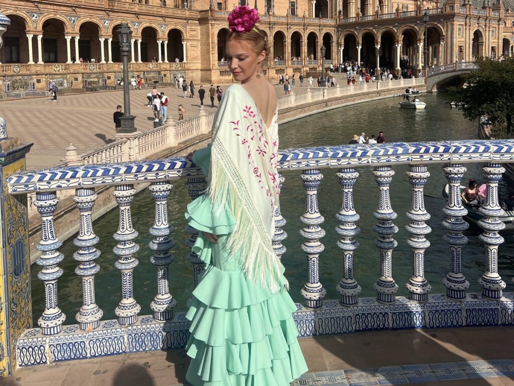 Anna, Andalusian Spanish teacher, dressed as a flamenca